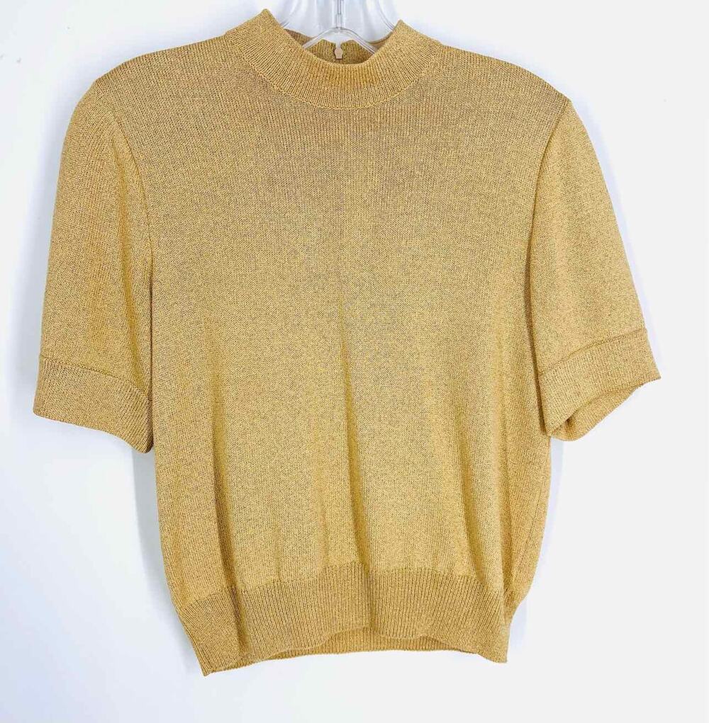 St. John Size S Tan/Gold Shimmer Knit Designer Top-Short Sleeve